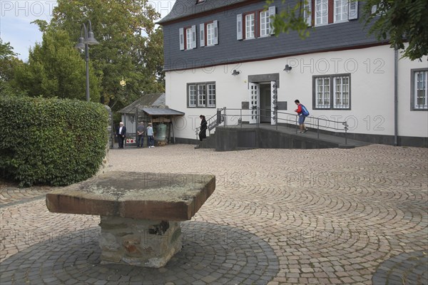 Inner courtyard with stone table at the Diocesan Museum, Old Town, Limburg, Hesse, Germany, Europe