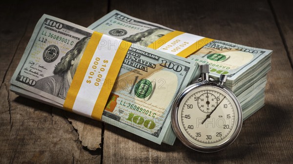 Time is money loan concept background, panorama of stopwatch and stack of new 100 US dollars 2013