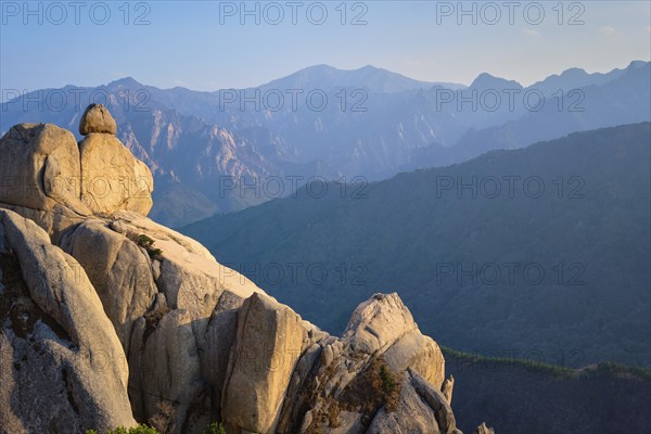 View of stones and rock formations from Ulsanbawi rock peak on sunset. Seoraksan National Park,
