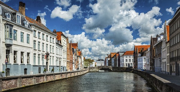 Panorama of Bruges medieval houses and canal, Belgium, Europe