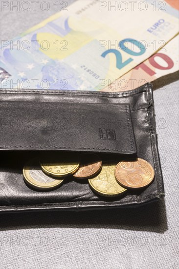 Wallet with coins and notes, euro, Germany, Europe