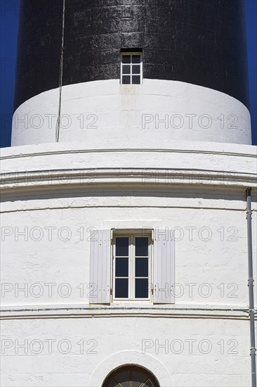 Black and white Chassiron lighthouse, detail, Saint-Denis-dOléron, Oleron Island, France, Europe