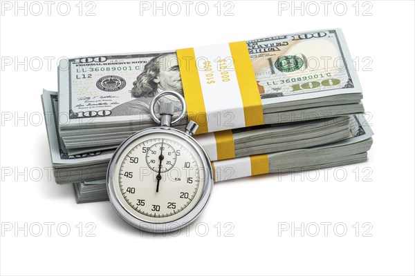 Time is money loan concept background, stopwatch and stack of new 100 US dollars 2013 edition