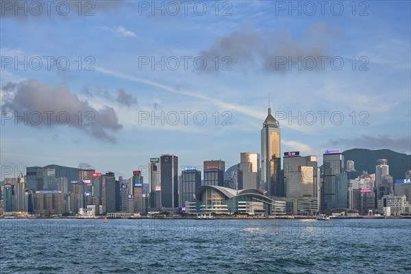 HONG KONG, CHINA, MAY 1, 2018: Hong Kong skyline cityscape downtown skyscrapers over Victoria