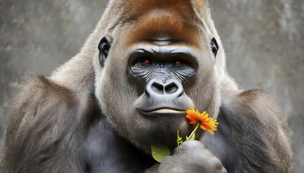 Animal portrait, A powerful male gorilla holds a flower in his hand, AI generated