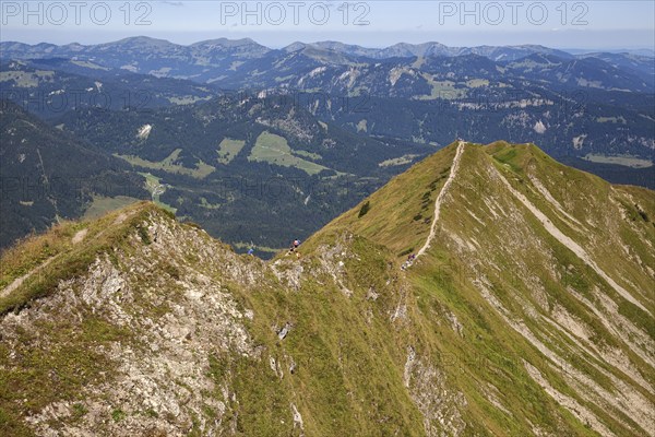 Ridge trail between Fellhorn and Söllerkopf peaks, behind Allgäu Alps and Illertal valley,