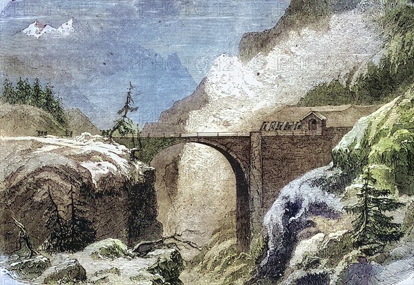 An arched bridge on the road over the San Bernardino Pass in the Alps, in 1869, Switzerland,