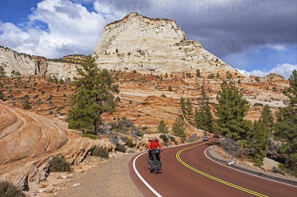 Solitary touring cyclist cycling through the red sandstone mountains of Zion National Park, Utah,