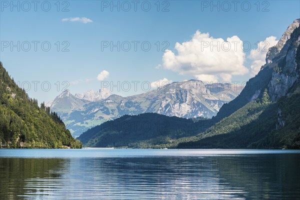 View over Lake Klöntal, Canton Glarus, Switzerland, Europe