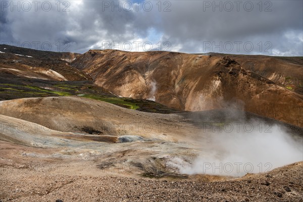 Steaming hot springs and colourful rhyolite mountains, Hveradalir geothermal area, Kerlingarfjöll,