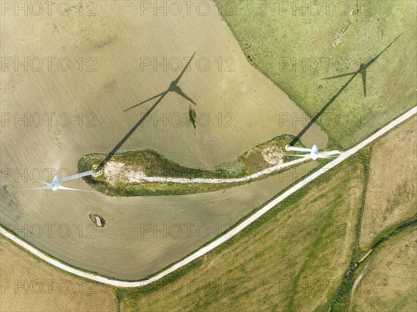 Windmills on a wind farm near Zahara de los Atunes, aerial view, drone shot, Cádiz province,