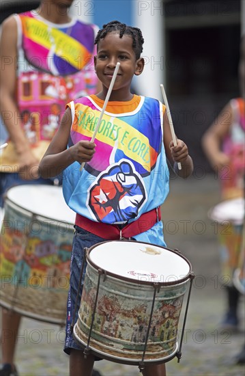 Traditional drumming group in the historic old town, Salvador, State of Bahia, Brazil, South