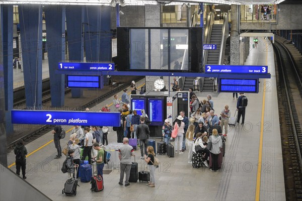 Platform, passengers, Warszawa Centralna railway station, Warsaw, Mazovian Voivodeship, Poland,