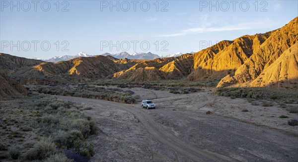 Off-road vehicle driving through a canyon, landscape of eroded hills at sunrise, badlands, white