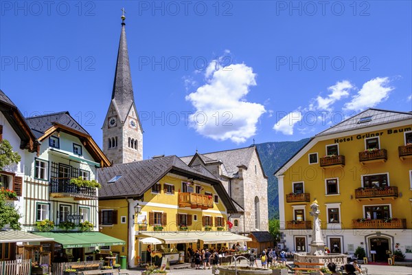 Market square with tower of the Protestant church, Hallstatt on Lake Hallstatt, Salzkammergut,