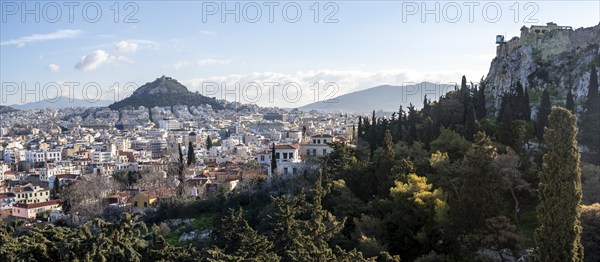 View from Areopagus Hill over the city, Old Town and Acropolis, in the back Mount Lycabettus