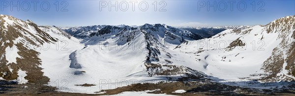 Alpine panorama, Mitterzeigerkogel, aerial view, peaks and mountains in winter, Sellraintal,