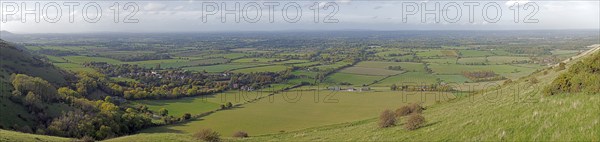 View of the village of Fulking from the South Downs Way near Brighton, panoramic view, Photomerge,