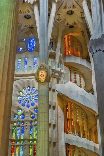 Interior view of the Familia Sagrada by the architect Antonio Gaudi in Barcelona, Spain, Europe