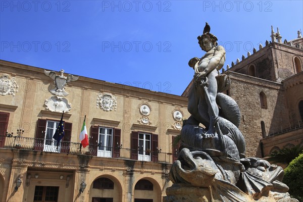 City of Monreale, the fountain in Piazza V. Emanuele, fountain figure, Sicily, Italy, Europe