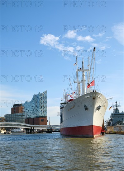 Hamburg museum ship Cap San Diego at the Landungsbrücken, behind the Elbe Philharmonic Hall,