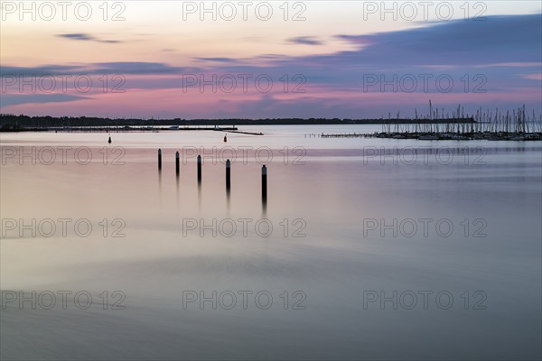 Evening twilight on the Strelasund, long exposure, Stralsund harbour, Germany, Europe