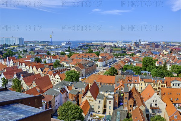 View from the viewing platform of the Georgenkirche over the Hanseatic city of Wismar,