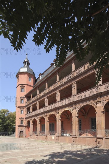 Red Isenburg Castle, Renaissance, red, corner tower, arcade, Main, Offenbach, Hesse, Germany,