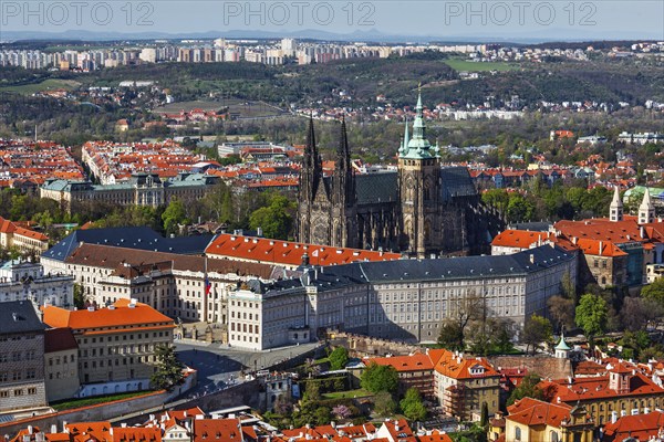 Aerial view of Hradchany: the Saint Vitus (St. Vitt's) Cathedral and Prague Castle. Prague, Czech