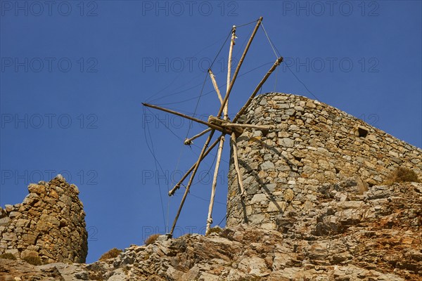 Old windmill, flour mill, Ambelos Pass, blue sky, Lassithi plateau, Lassithi, East Crete, island of