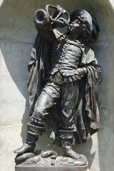 Trumpeter statue at Schönau Castle, Castle Park, Bad Säckingen, Black Forest, Baden-Württemberg,