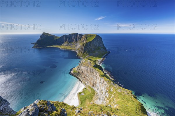 View from Håheia or Håen mountain to mountains and coast, Måstad peninsula, Værøy island, Vaeroy,