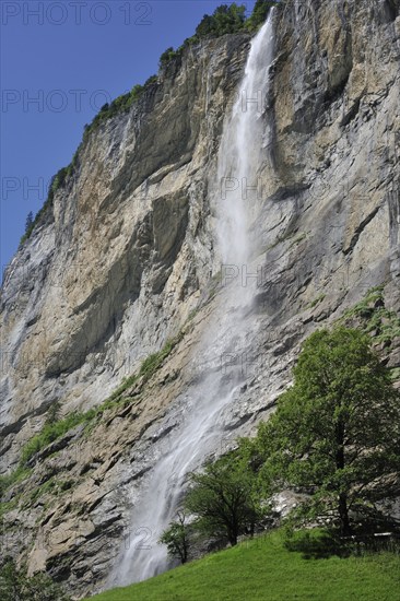 The 300 m high Staubbach Falls near Lauterbrunnen in the Bernese Oberland, Swiss Alps, Switzerland,