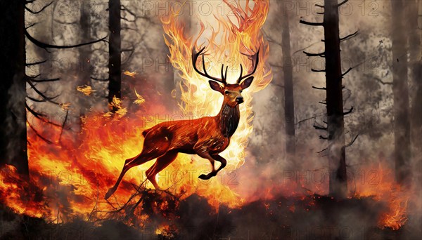 Climate change, global warming, environmental catastrophe, a deer flees in great leaps from a