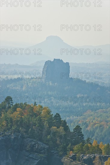 View from the Carola rock into the Schrammstein area in the back of Saxon Switzerland, to the