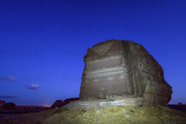 Qasr Al-Farid, 2000 year old tomb of the Nabataeans, blue hour, Hegra or Madain Salih, AlUla