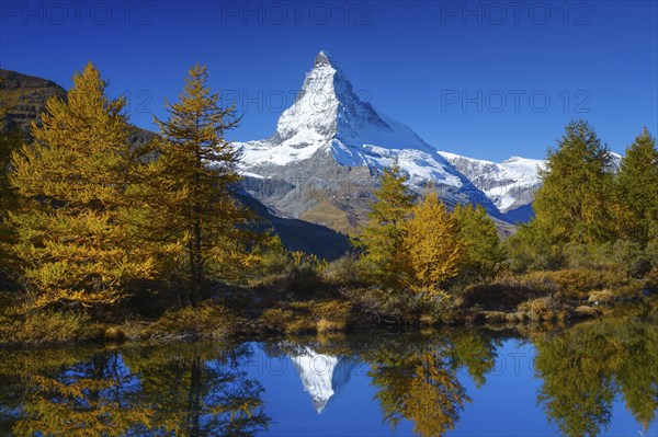Matterhorn and Lake Grindji, Valais, Switzerland, Europe