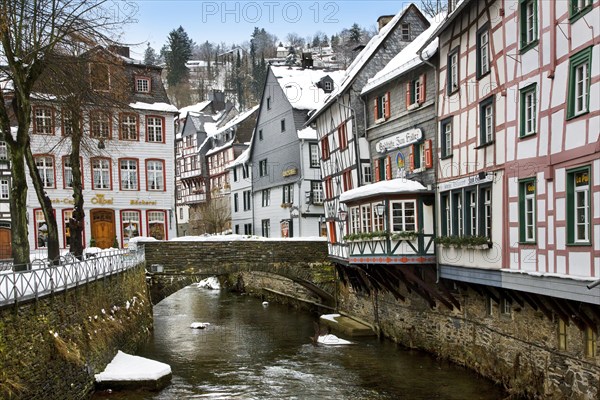 Historic half-timbered houses along the Rur near Monschau, Eifel, North Rhine-Westphalia, Germany,