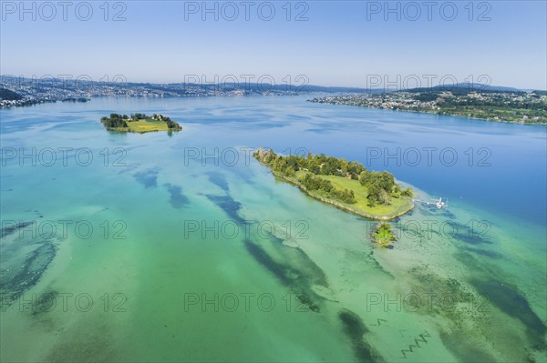 Aerial view of Ufenau Island and Lützelau Island in Lake Zurich, Canton Schwyz and Zurich,