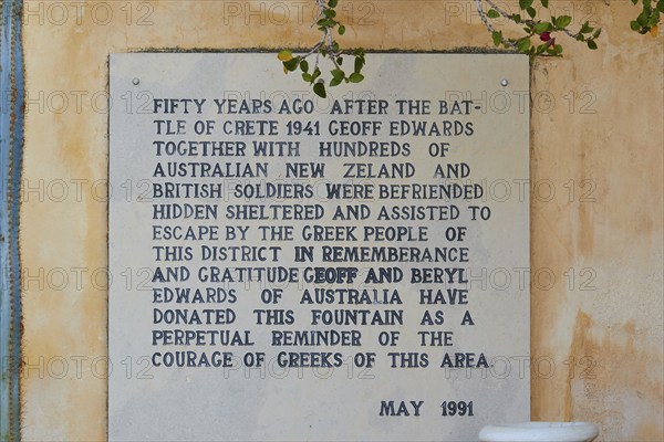 Commemorative plaque, close, Preveli, Orthodox Monastery, South Coast, Rethimnon Province, Crete,