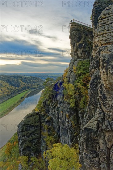 Evening mood, sunset, view to the new Basteiaussicht and the river Elbe, Lohmen, Saxon Switzerland,