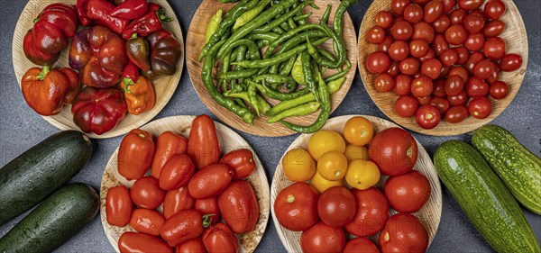 Multiple bowls, Healthy eating, Banner, Vegetables, snake cucumber (Cucumis sativus), Peppers