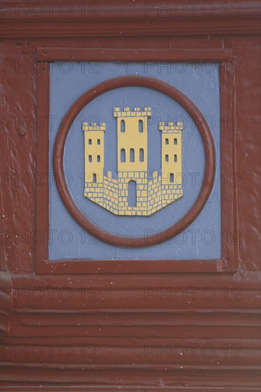 City coat of arms on half-timbered house, wood carving, detail, old town, Limburg, Hesse, Germany,