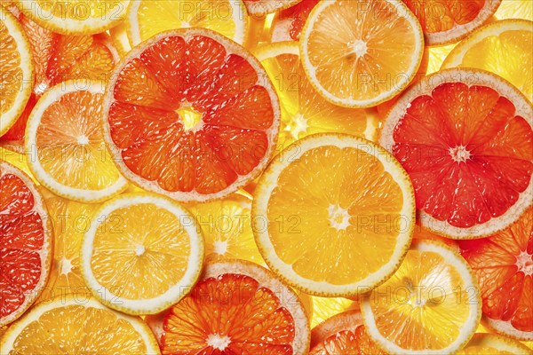 Colorful citrus fruit, lemon, orange, grapefruit, slices background. Backlit