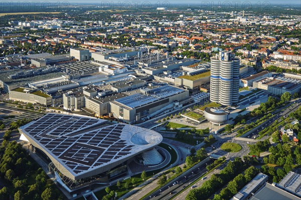 MUNICH, GERMANY, JULY 08, 2018: Aerial view of BMW Museum and BWM Welt and factory and Munich from