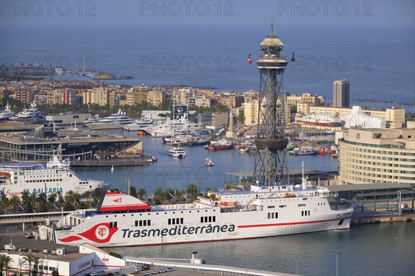 BARCELONA, SPAIN, APRIL 15, 2019: Aerial view of Barcelona city skyline with city traffic and port