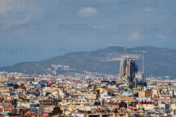 Barcelona, Spain, April 16, 2019: Aerial view of Barcelona city with famous Sagrada Familia