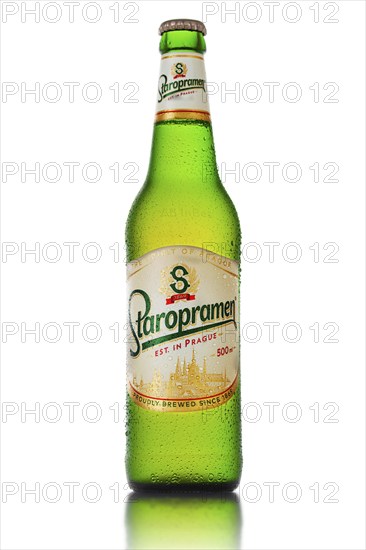 MINSK, BELARUS, OCTOBER 3, 2016: Bottle of Staropramen beer isolated on white background.