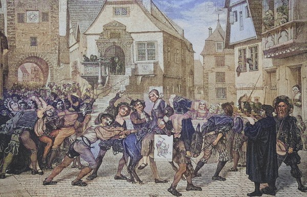 Punishment of domestic discord in the Middle Ages, nasty woman is brought to court on a donkey