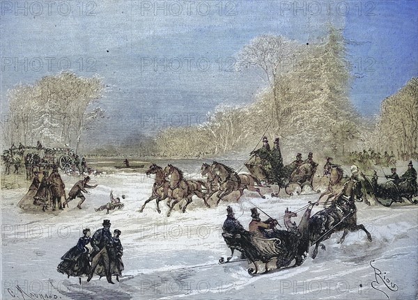Sleigh Rides in Bois de Boulogne, Horse-drawn Sleighs and Skaters on the Frozen River, 1869,